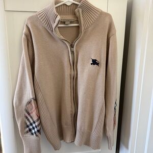 Burberry Cream Zip Cardigan with Check Elbow Patches